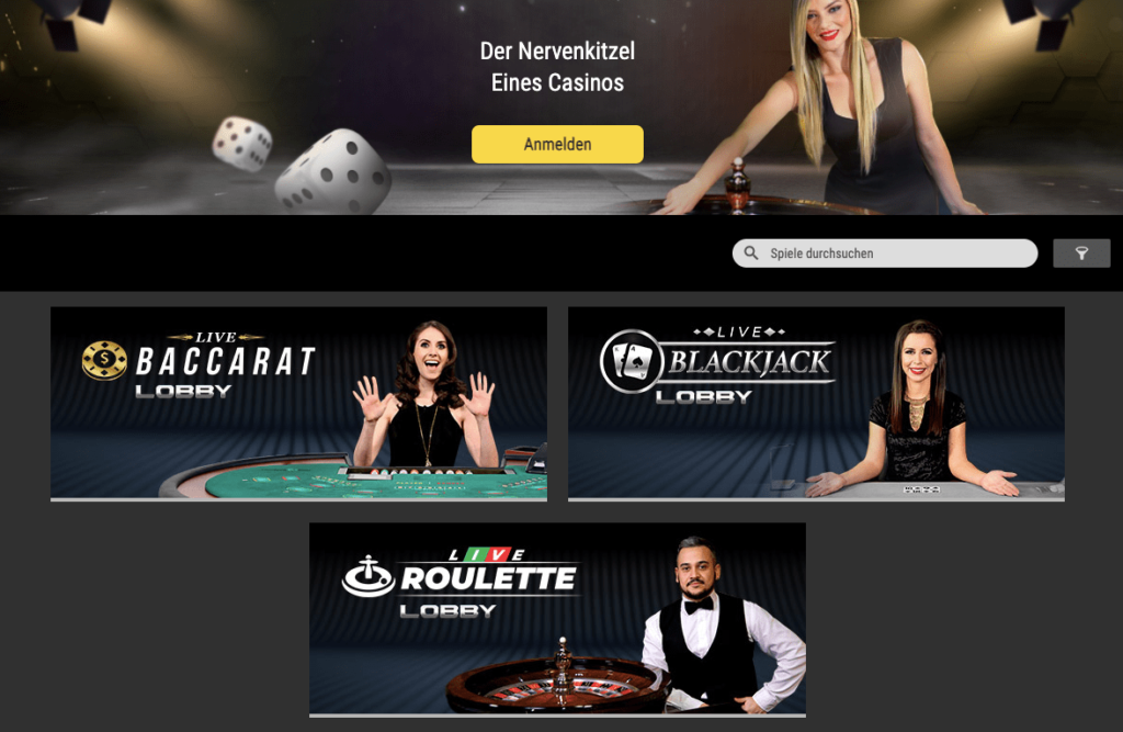 im Live Casino können die Kunden mit echten Dealern Blackjack, Baccarat oder Poker spielen.